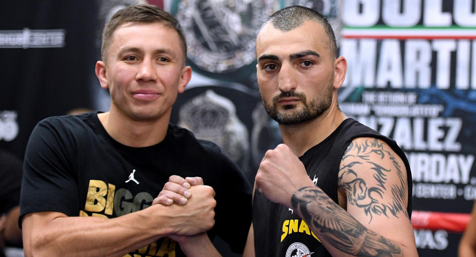 Gennady Golovkin and Vanes Martirosyan pose during a media workout at the Glendale Fighting Club on April 23, 2018, in Glendale, California. (Getty Images)