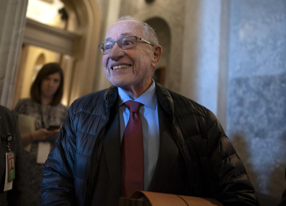 FILE - Attorney Alan Dershowitz arrives for the impeachment trial of President Donald Trump at the Capitol in Washington on Jan. 29, 2020. Prominent U.S. lawyer Dershowitz, long a staunch defender of Israel's policies on the international stage, said Sunday, Jan. 8, 2023, he cannot defend sweeping judicial reforms planned by Israel's new government. (AP Photo/J. Scott Applewhite, File)