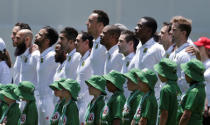 Cricket - Australia v South Africa - Third Test cricket match - Adelaide Oval, Adelaide, Australia - 24/11/16. South Africa's team listen to their national anthem before the first day of the Third Test cricket match in Adelaide. REUTERS/Jason Reed