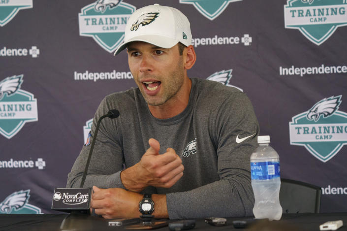 Philadelphia Eagles defensive coordinator Jonathan Gannon is a head-coaching candidate. (AP Photo/Chris Szagola)