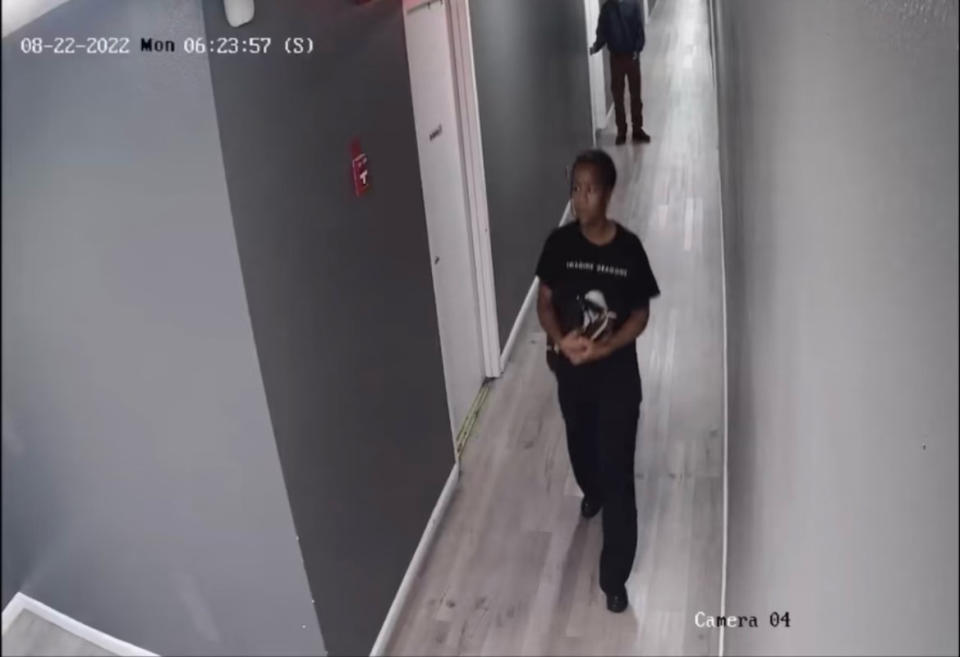 Surveillance footage shows ShaLisa Pratt walking down a corridor in her unit in Hollywood on the morning of Aug. 22. 