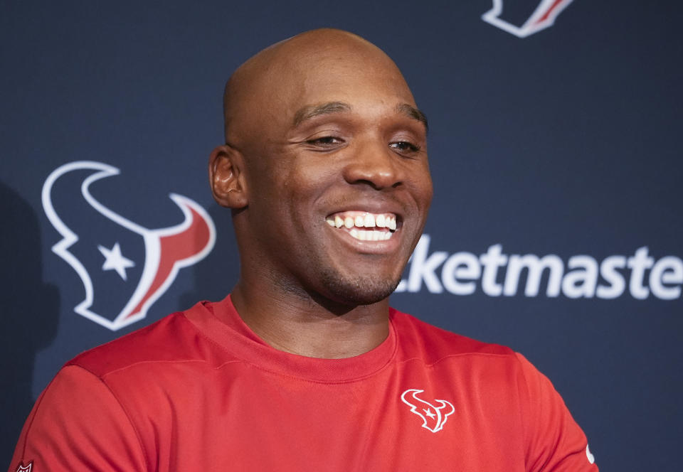 Houston Texans head coach DeMeco Ryans smiles during a press conference after an NFL football game against the Indianapolis Colts Saturday, Jan. 6, 2024, in Indianapolis. (AP Photo/Michael Conroy)