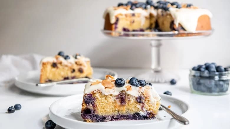 sliced blueberry amaretto cake