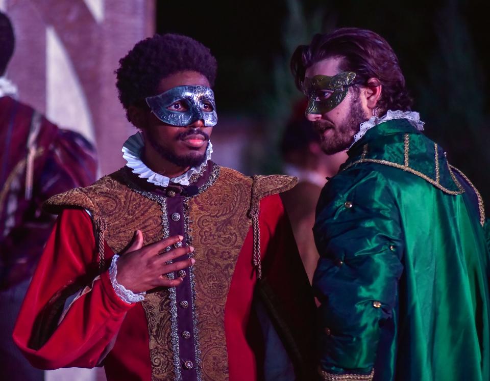 From left, Joshua Murray stars as Will Shakespeare and Justin Marlow as Lord Wessex in Oklahoma Shakespeare in the Park's production of "Shakespeare in Love."