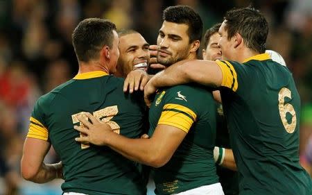 Rugby Union - South Africa v United States of America - IRB Rugby World Cup 2015 Pool B - Olympic Stadium, London, England - 7/10/15 South Africa's Bryan Habana celebrates scoring a try with team mates Action Images via Reuters / Andrew Boyers Livepic