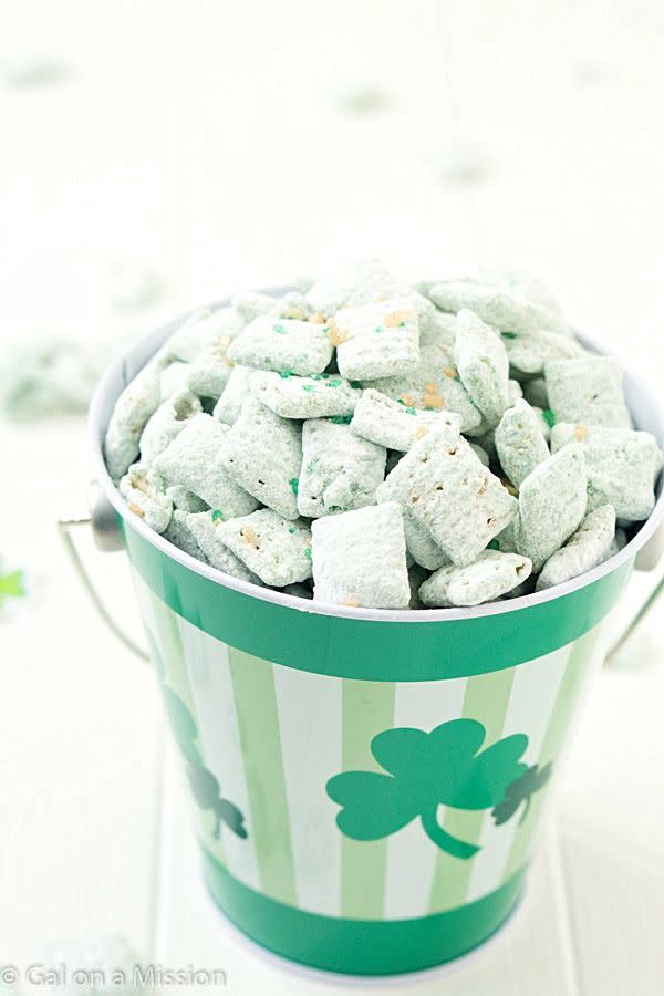 <p>Your favorite guilty pleasure goes green (and minty) for the holiday. Like this stuff could get any more addicting ...</p><p><em><a href="http://www.galonamission.com/st-patricks-day-puppy-chow/" rel="nofollow noopener" target="_blank" data-ylk="slk:Get the recipe from Gal on a Mission »;elm:context_link;itc:0;sec:content-canvas" class="link ">Get the recipe from Gal on a Mission »</a></em> </p>