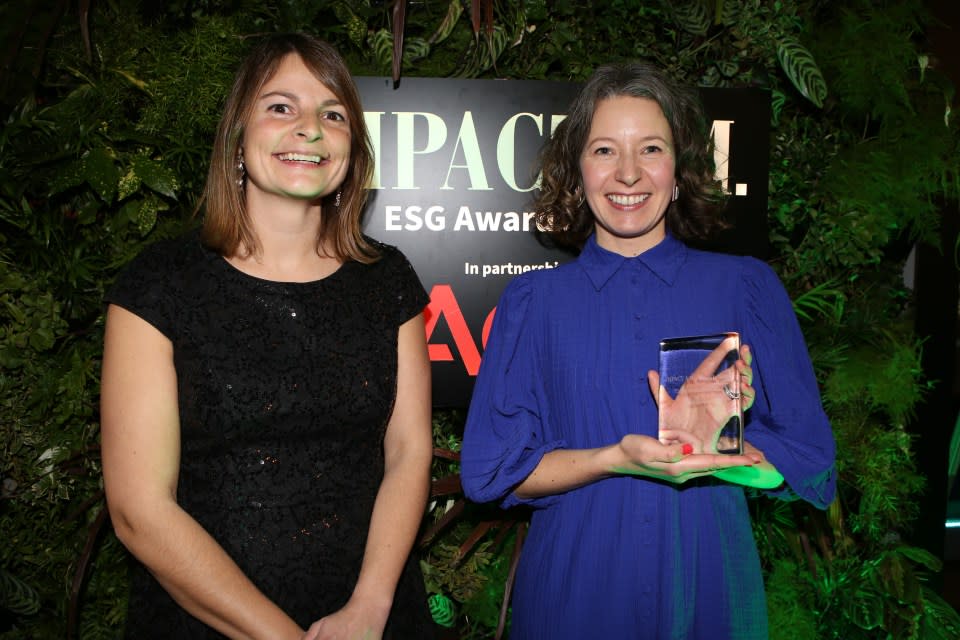 Janine Hirt Innovate Finance CEO, Clare Buttler Omnevue ESG Startup of the Year Award Winner