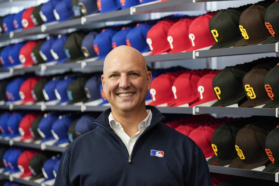 Major League Baseball’s chief revenue officer Noah Garden poses at the MLB Flagship store Wednesday, Sept. 30, 2020, in New York. MLB’s first retail store opens in about 10,000 square feet filled with caps, balls, jerseys and assorted licensed items splashed with club logos and player likenesses. (AP Photo/Frank Franklin II)