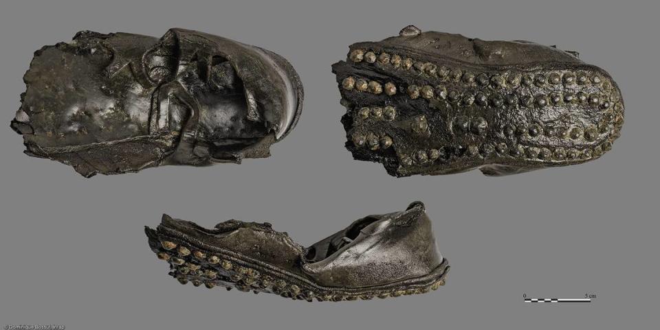 Close-up photos of some ancient Roman shoes found in the canal.