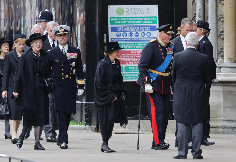 LONDON, ENGLAND - SEPTEMBER 19: (L-R) Princess Catherine of Serbia, Margareta of Romania, Prince Radu of Romania, Queen Margrethe II of Denmark, Crown Prince Frederik of Denmark, arrive at Westminster Abbey for the State Funeral of Queen Elizabeth II on September 19, 2022 in London, England. Elizabeth Alexandra Mary Windsor was born in Bruton Street, Mayfair, London on 21 April 1926. She married Prince Philip in 1947 and ascended the throne of the United Kingdom and Commonwealth on 6 February 1952 after the death of her Father, King George VI. Queen Elizabeth II died at Balmoral Castle in Scotland on September 8, 2022, and is succeeded by her eldest son, King Charles III.  (Photo by Chris Jackson/Getty Images)