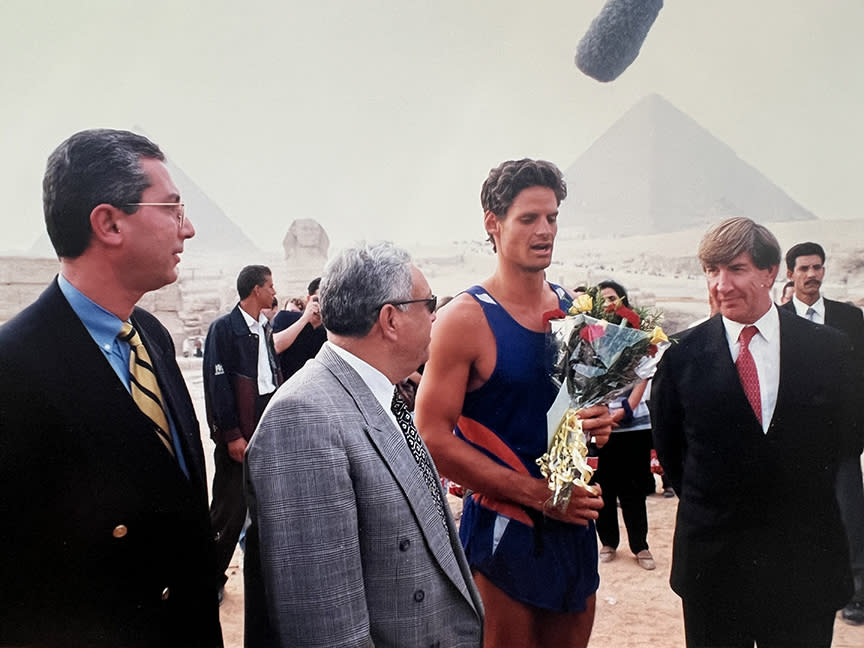 Nicholas Bourne meets dignitaries as he arrives in Cairo on Dec. 5, 1998.