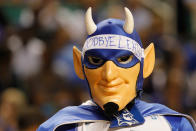 GREENSBORO, NC - MARCH 16: The Duke Blue Devils mascot wears a "Goodbye Lehigh" head band as the Blue Devils take on the Lehigh Mountain Hawks during the second round of the 2012 NCAA Men's Basketball Tournament at Greensboro Coliseum on March 16, 2012 in Greensboro, North Carolina. The Blue Devils were upset 75-70. (Photo by Streeter Lecka/Getty Images)