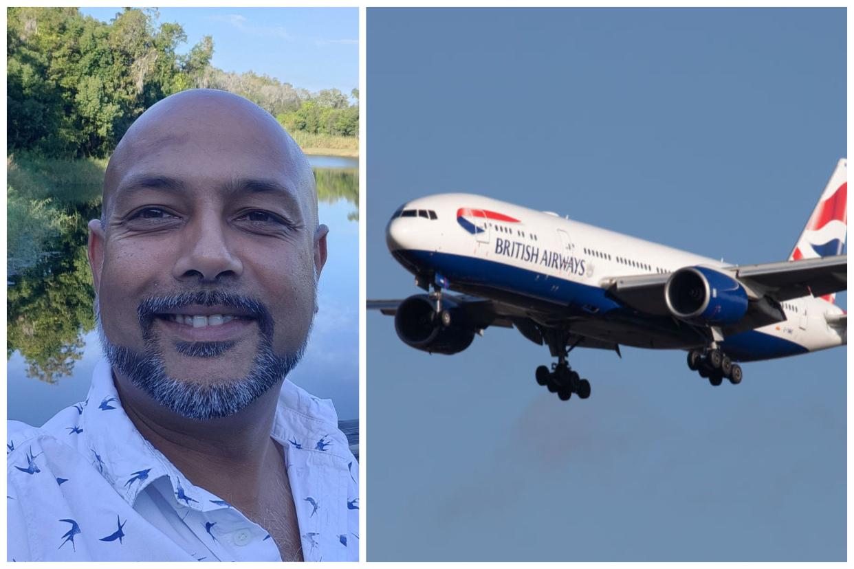 Hemal Patel in Tampa, Florida, left, and a British Airways Boeing 777-200, right, in a composite image.