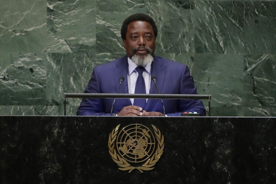 FILE - In this Tuesday, Sept. 25, 2018 file photo, President of the Democratic Republic of the Congo Joseph Kabila Kabange addresses the 73rd session of the United Nations General Assembly, at the United Nations headquarters. Congo's President Joseph Kabila is stepping down after this month's election but he doesn't rule out seeking the post again in the future. Kabila tells The Associated Press on Sunday, Dec. 9 he hopes to continue to be active in tackling the vast challenges in this mineral-rich Central African nation. (AP Photo/Frank Franklin II, file)