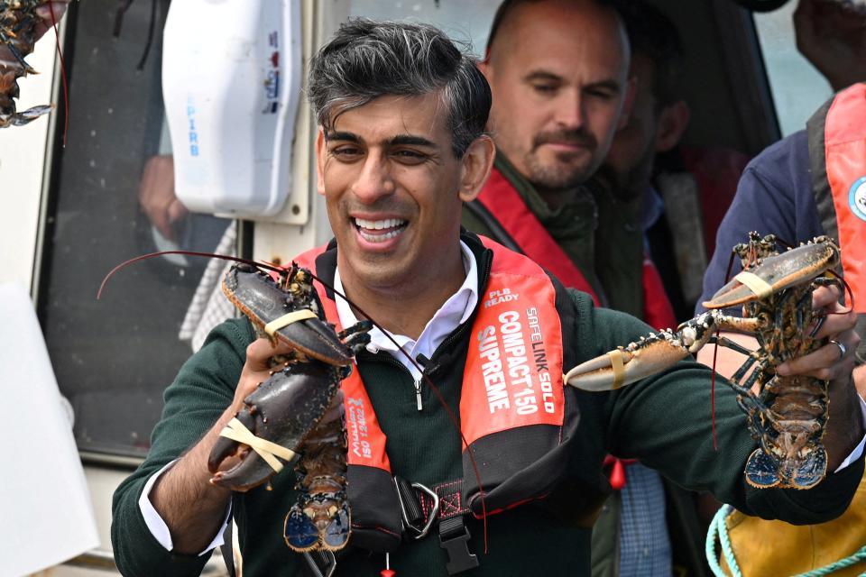 Rishi Sunak reacts during his ride on a boat in the harbour with Conservative Parliamentary Candidate for Torridge and Tavistock Geoffrey Cox, in Clovelly (via REUTERS)