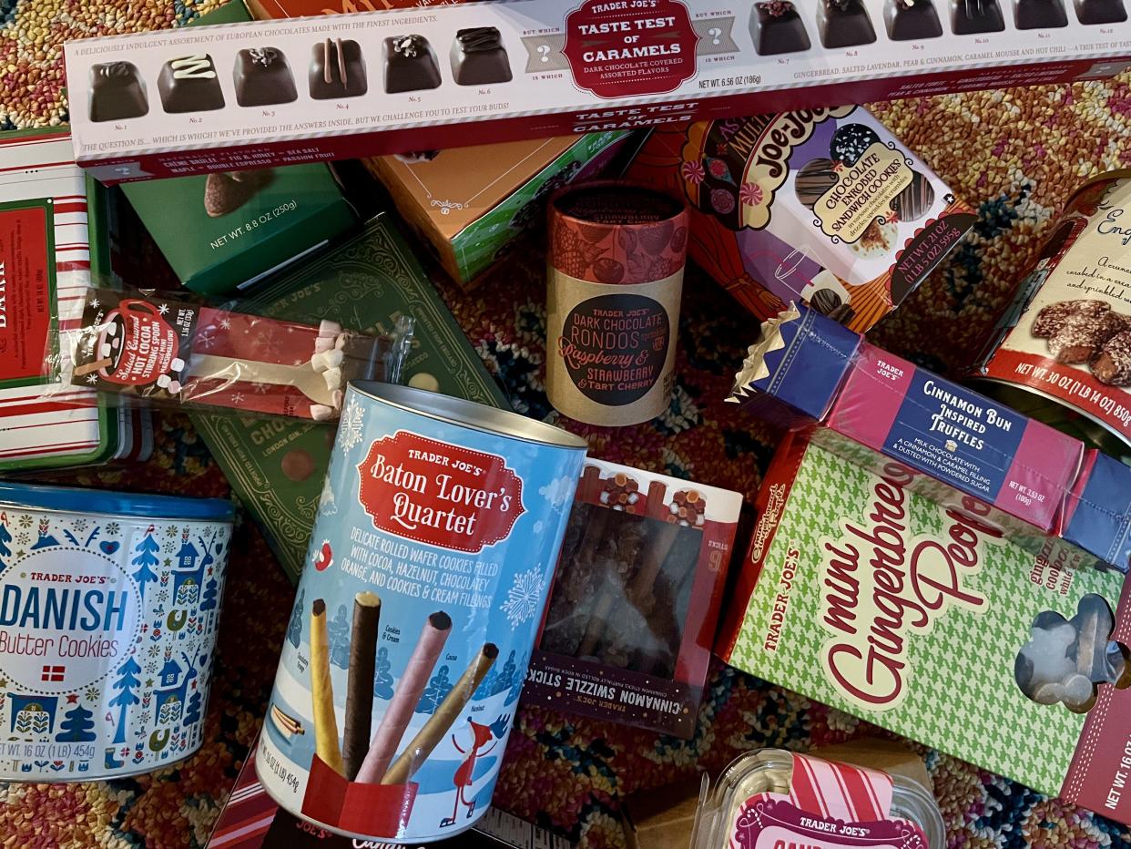 several trader joe's holiday christmas items in a pile