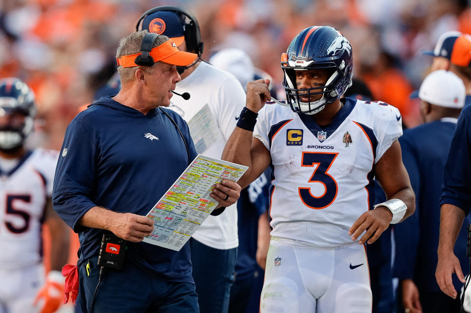 Denver Broncos coach Sean Payton talks with Russell Wilson (3) in the fourth quarter during their game against the Washington Commanders. (Isaiah J. Downing-USA TODAY Sports)