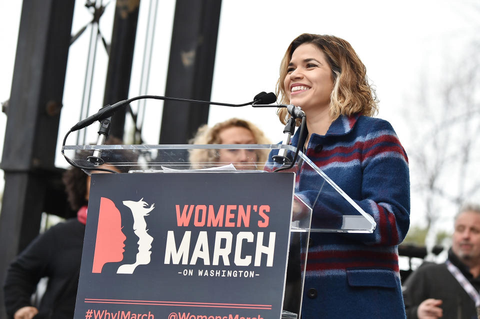 America Ferrera speaks onstage at the Women's March on Washington, DC.