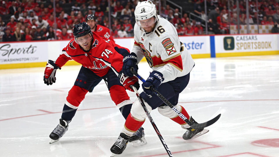 Aleksander Barkov (#16) of the Florida Panthers and John Carlson (#74) of the Washington Capitals are two steals in fantasy hockey drafts. (Photo by Patrick Smith/Getty Images)