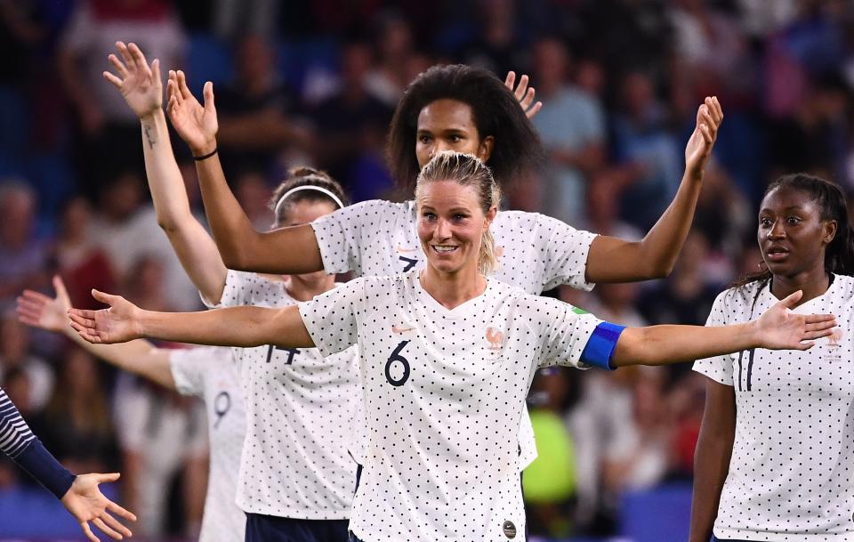 France's midfielder Amandine Henry celebrates at the end of the France 2019 Women's World Cup round of sixteen football match between France and Brazil, on June 23, 2019, at the Oceane stadium in Le Havre, north western France. (Photo by FRANCK FIFE / AFP)        (Photo credit should read FRANCK FIFE/AFP/Getty Images)