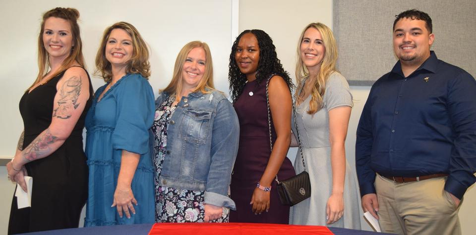 Texas State Technical College nursing students honored at a pinning ceremony on April 28, from left: Marylou Russell, Terri Rickman, Kenna Logan, Ruth Ochungo, Chelsea Gunville-Schied and David Josh Geron. Not pictured: Michelle Jones.