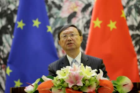 FILE PHOTO: China's State Councilor Yang Jiechi attends a joint news conference at Diaoyutai State Guesthouse in Beijing, China April 19, 2017. REUTERS/Jason Lee/File Photo