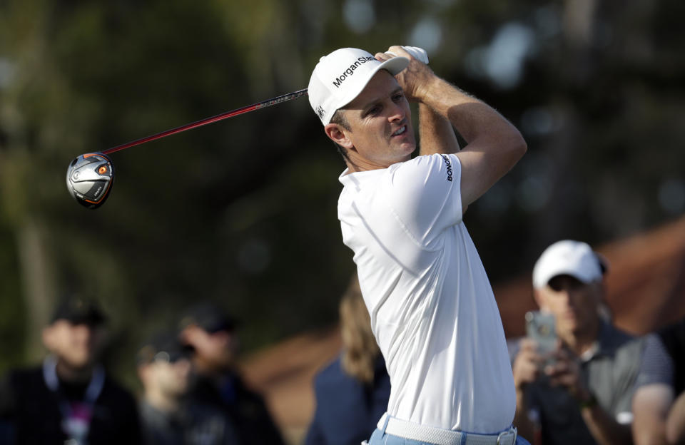 Justin Rose, of England, tees off on the 12th hole during the first round of The Players Championship golf tournament Thursday, March 14, 2019, in Ponte Vedra Beach, Fla. (AP Photo/Lynne Sladky)