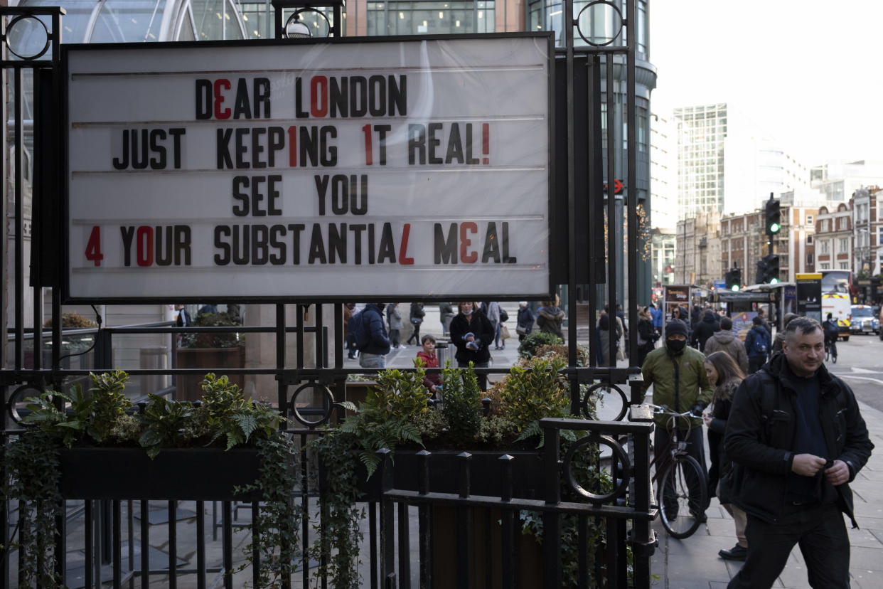 Sign in the style of old cinema signage makes fun of the fact that during current coronavirus rules, that you can only visit a pub if you also book in for a 'substantial meal' on 5th December 2020 in London, United Kingdom. (photo by Mike Kemp/In Pictures via Getty Images)