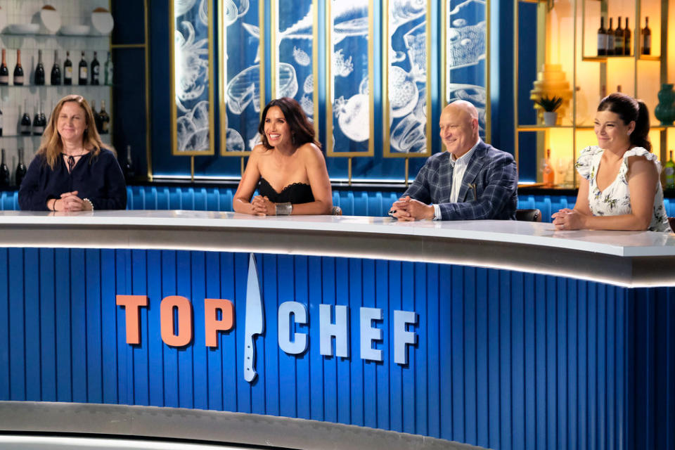 Angela Harnett, Padma Lakshmi, Tom Colicchio and Gail Simmons during season 20 of Top Chef.<span class="copyright">Courtesy BravoFrom left,</span>