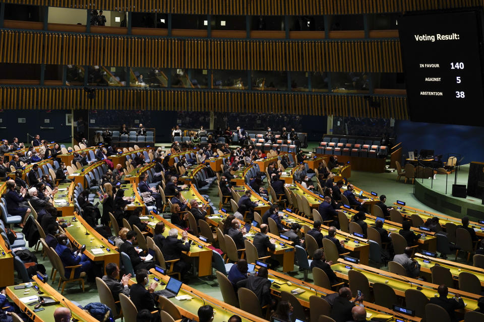 Screens display the results of a vote on a resolution regarding the war in Ukraine at United Nations headquarters, Thursday, March 24, 2022. (AP Photo/Seth Wenig)