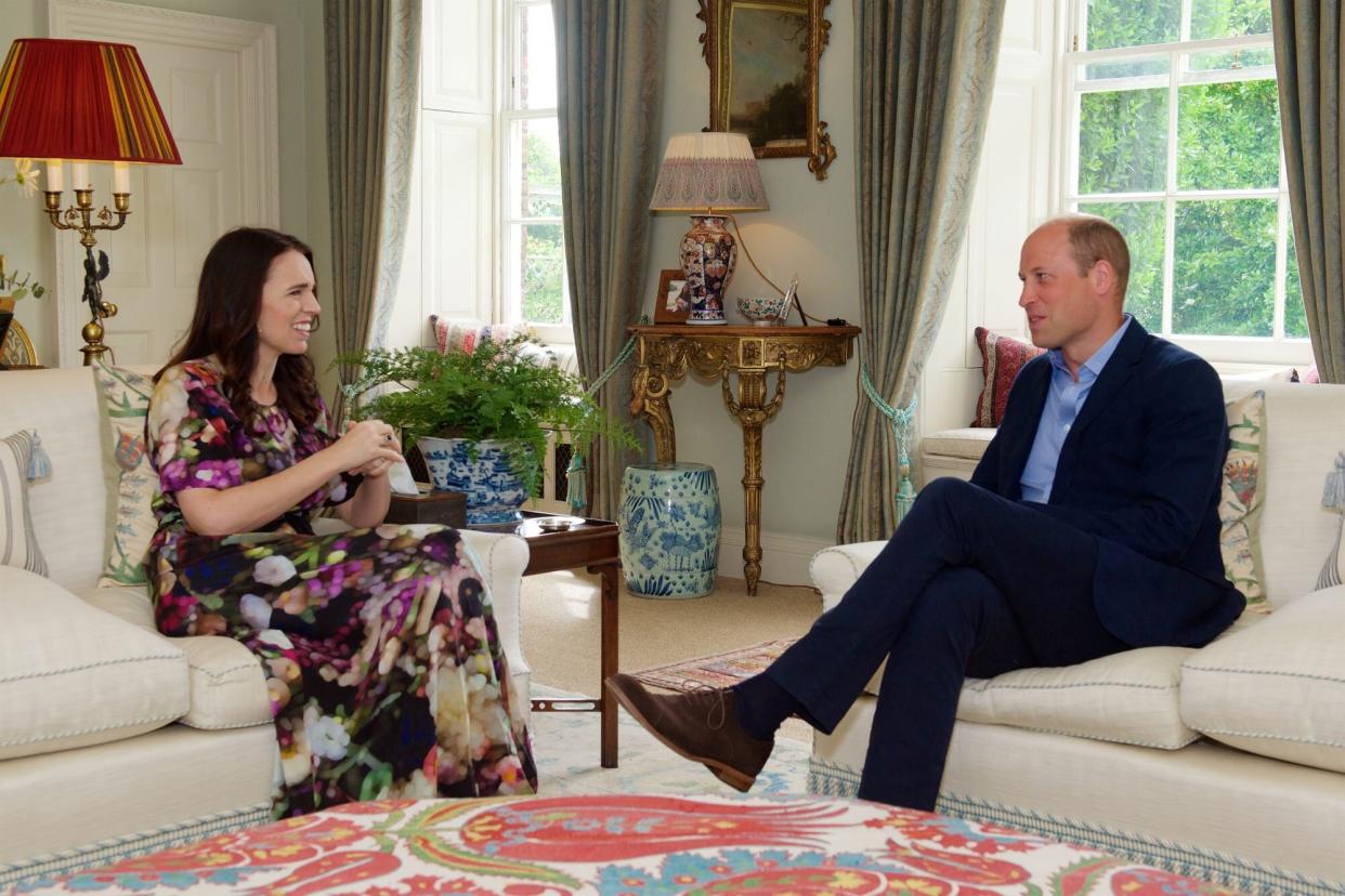 LONDON, ENGLAND - JULY 02: (NO SALES) (EDITORIAL USE ONLY) In this handout photo issued by Kensington Palace, Prince William, Duke of Cambridge meets with New Zealand Prime Minister Jacinda Ardern at Kensington Palace in London during her visit to the UK, on July 2, 2022 in London, England. (Photo by Peter Livingstone / Kensington Palace via Getty Images) This photograph is provided to you strictly on condition that you will make no charge for the supply, release or publication of it and that these conditions and restrictions will apply. There shall be no commercial use whatsoever of the photograph (including by way of example only) any use in merchandising, advertising or any other non-news editorial use. The photographs must not be digitally enhanced, manipulated or modified in any manner or form and must include all of the individuals in the photograph when published. All other requests for use should be directed to the Press Office at Kensington Palace in writing.