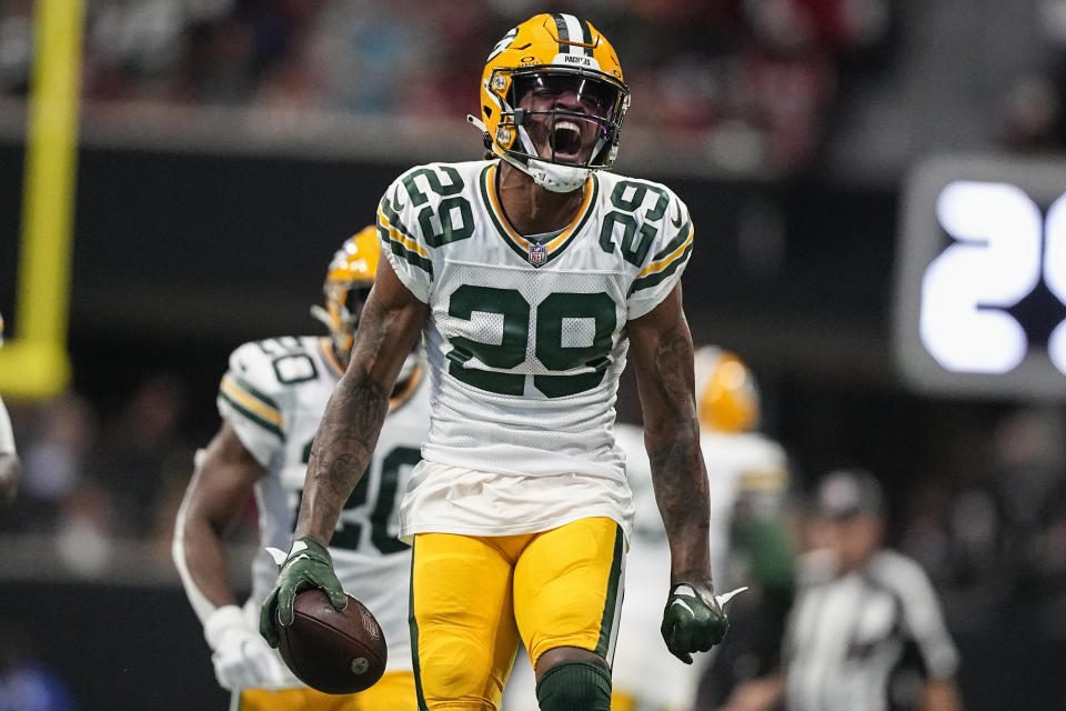 Green Bay Packers cornerback Rasul Douglas (29) celebrates his interception against the Atlanta Falcons during the first half of an NFL football game, Sunday, Sept. 17, 2023, in Atlanta. (AP Photo/Brynn Anderson)