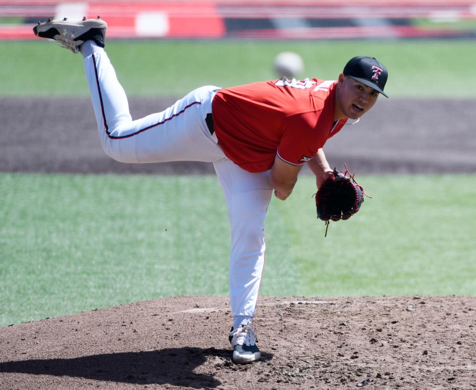 Texas Tech's Brandon Birdsell (48) pitches against Texas, Saturday, March 26, 2022, at Dan Law Field at Rip Griffin Park. Texas Tech won, 16-12 in 10 innings.