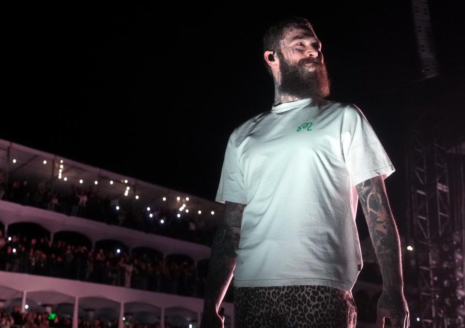 Post Malone kicks off 2024 WM Phoenix Open with a 16th hole concert at TPC Scottsdale on Feb. 3, 2024.