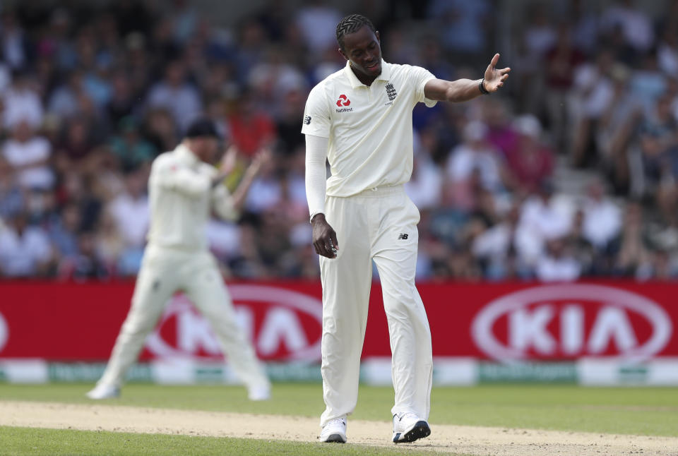 England bowler Jofra Archer gestures during play on day three of the third Ashes Test cricket match between England and Australia at Headingley cricket ground in Leeds, England, Saturday, Aug. 24, 2019. (AP Photo/Jon Super)