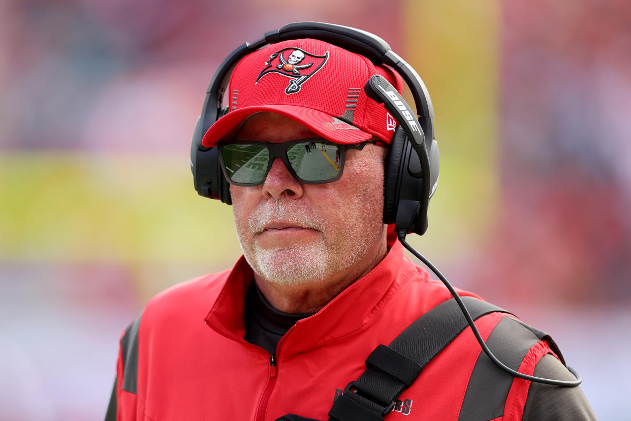 TAMPA, FLORIDA - JANUARY 16: Head coach Bruce Arians of the Tampa Bay Buccaneers looks on against the Philadelphia Eagles during the first quarter in the NFC Wild Card Playoff game at Raymond James Stadium on January 16, 2022 in Tampa, Florida. (Photo by Michael Reaves/Getty Images)