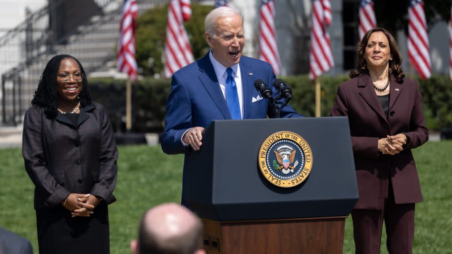 Supreme Court Justice Ketanji Brown Jackson (left) and Vice President Kamala Harris (right) stand with President Joe Biden at the April 2022 celebration of Jackson’s confirmation to the Supreme Court seat. Biden said he was proud to have nominated Jackson and this week, he announced two more Black female judicial nominees. (Photo by Nathan Posner/Anadolu Agency via Getty Images)