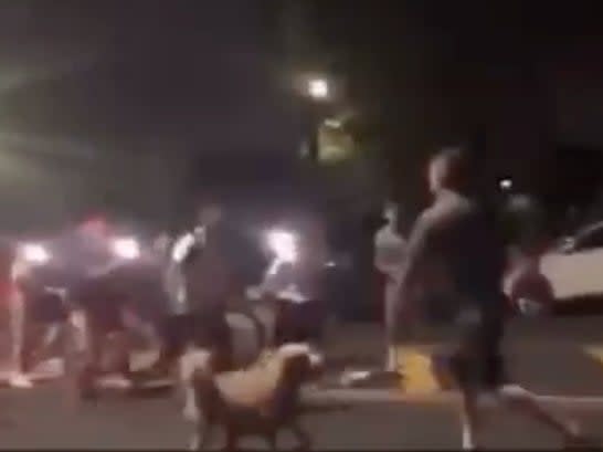 A group of teenagers confronts an off-duty New York firefighter who is out walking his dog in Queens. The teens allegedly attacked the firefighter before being scared off by an ambulance.  (screengrab)