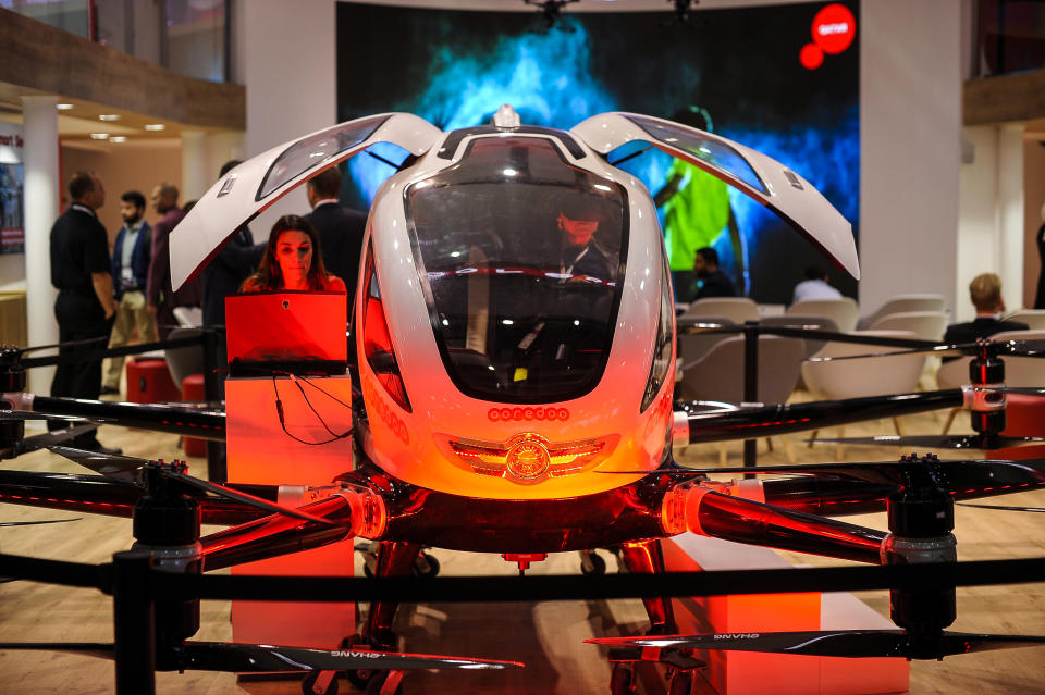 Ooredoo taxi drone from Ehang Company, exhibited a convertible taxi drone during the Mobile World Congress, on February 26, 2019 in Barcelona, Spain.   (Photo by Joan Cros/NurPhoto via Getty Images)