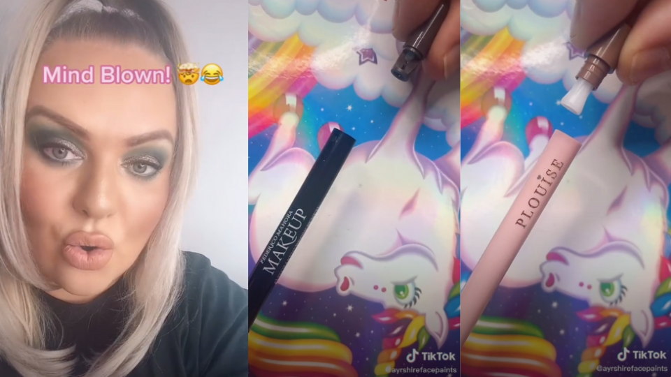 screenshots of makeup artist showing built in sharpeners in eyeliner and lip liner in tiktok video