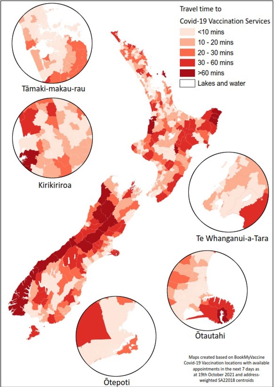 This map shows travel times to vaccination centres with appointments available within seven days.