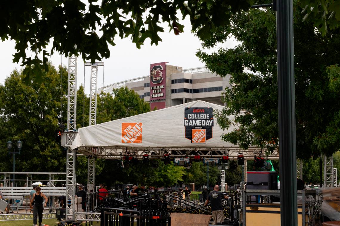 Crews set up for the broadcast of College GameDay at Gamecock Park on Thursday Sept. 12, 2024.