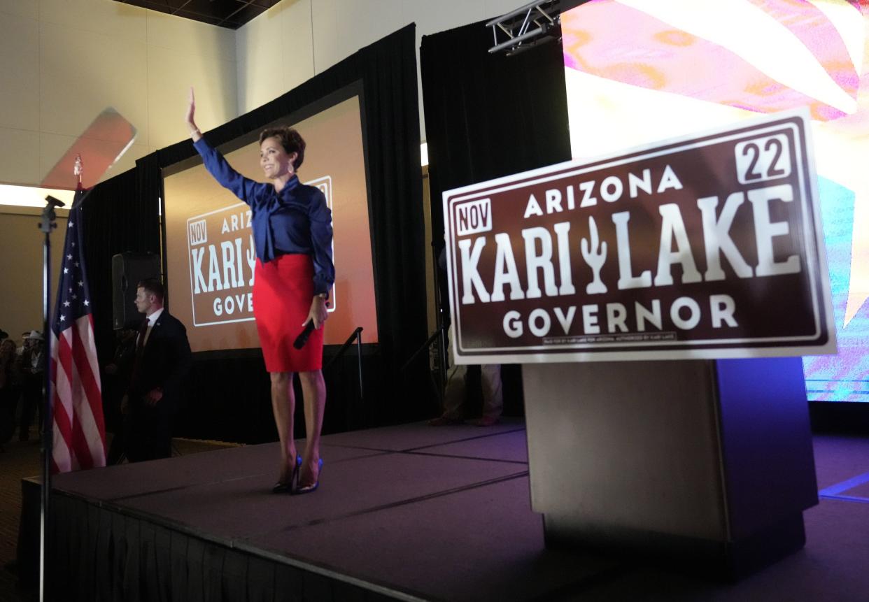 Arizona Republican gubernatorial candidate Kari Lake speaks to supporters during an election night party in Scottsdale on Aug. 2, 2022.