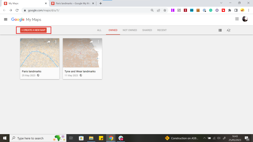 Google My Maps open in Google Chrome, showing where to create a new map
