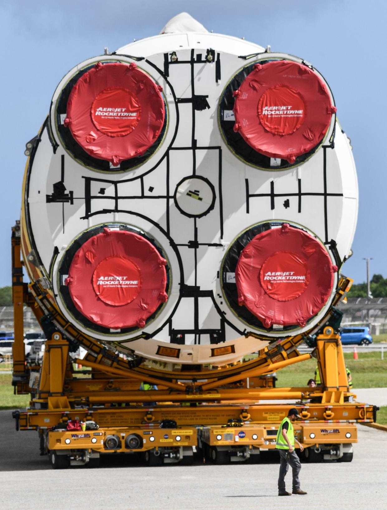 The core stage of NASA’s Space Launch System rocket Artemis II is unloaded and moved into the Vehicle Assembly Building at Kennedy Space Center, FL Wednesday, July 24, 2024 Craig Bailey/FLORIDA TODAY via USA TODAY NETWORK