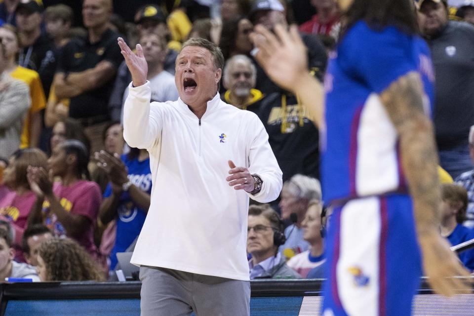 Kansas head coach Bill Self argues a call during the first half of an NCAA college basketball game against Missouri, Saturday, Dec. 10, 2022, in Columbia, Mo. (AP Photo/L.G. Patterson)