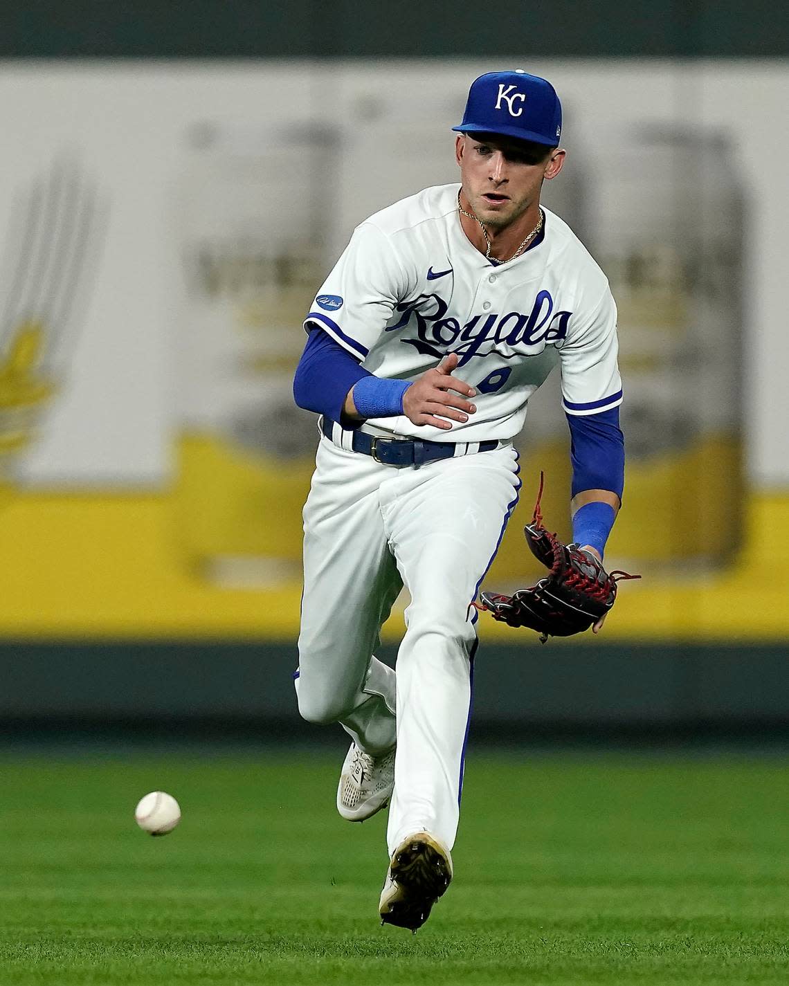 Kansas City Royals center fielder Drew Waters chases a RBI single hit by Cleveland Guardians’ Owen Miller during the fourth inning of a baseball game Wednesday, Sept. 7, 2022, in Kansas City, Mo. (AP Photo/Charlie Riedel)