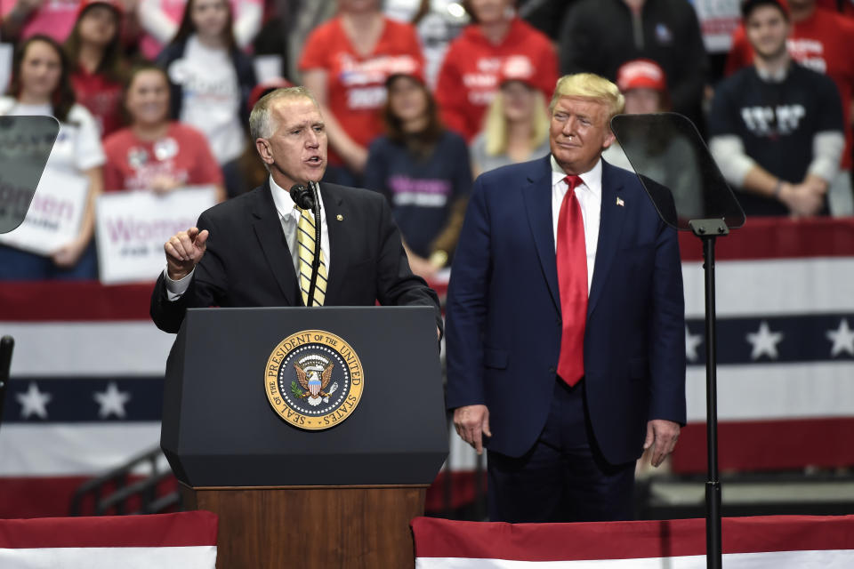 FILE - In this March 2, 2020 file photo, Sen. Thom Tillis, R-N.C., speaks during a campaign rally for President Donald Trump in Charlotte, N.C. Tillis is calibrating his ties to Trump as he tries to find the right path for reelection in a closely divided state. (AP Photo/Mike McCarn, File)