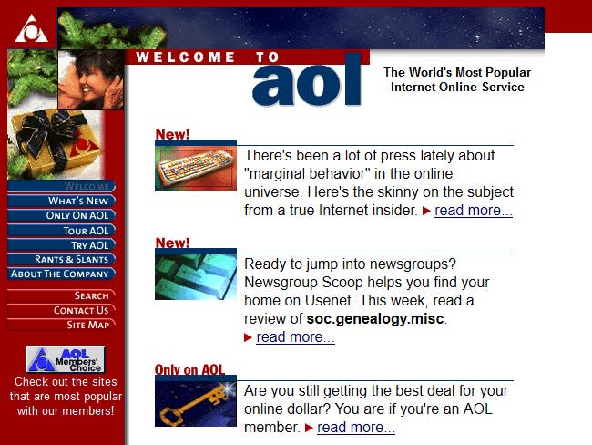 a red sidebar on the left and paragraphs on the right of the AOL website in 1996