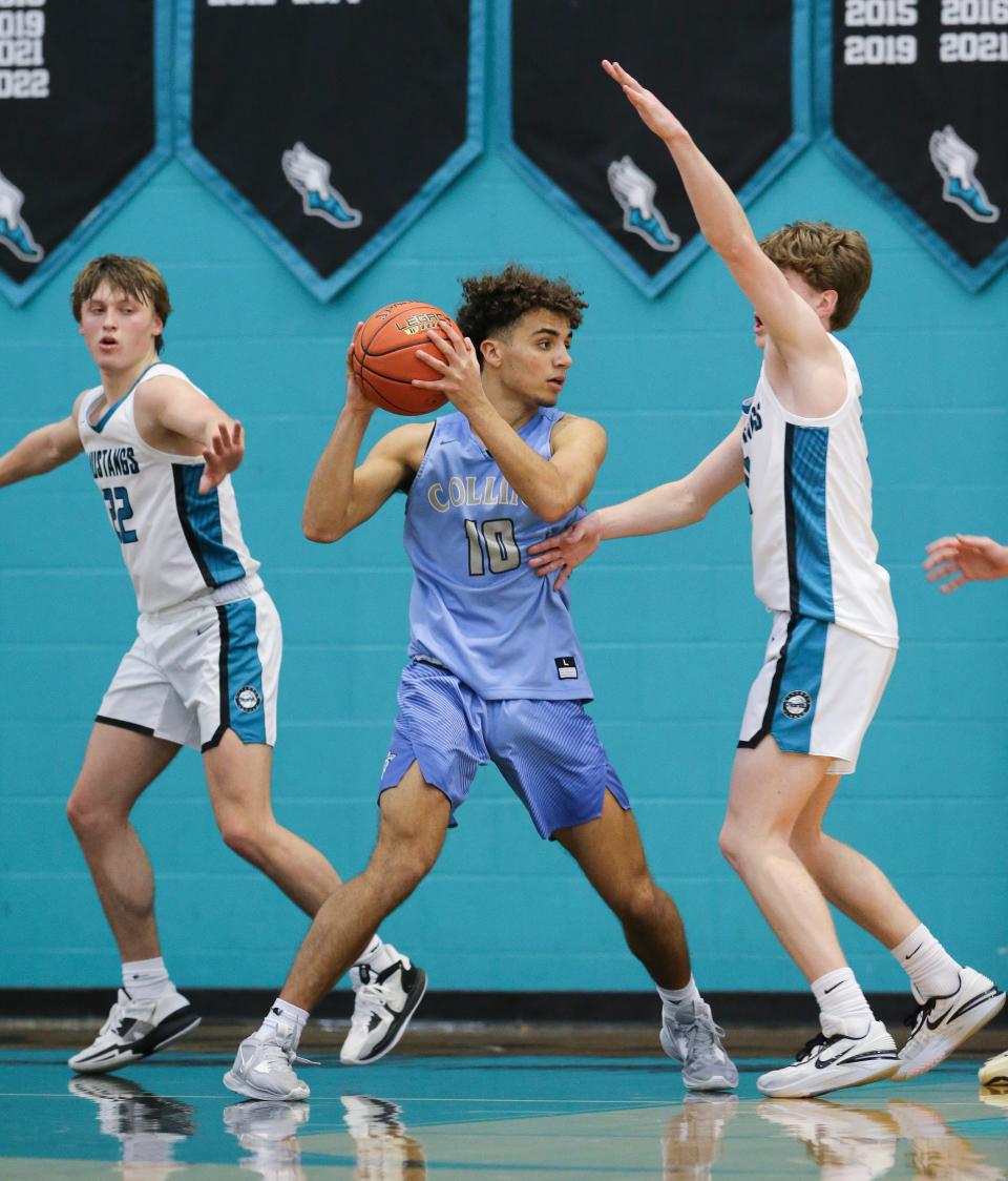 Collin’s Kenyon Goodin (10) looks to pass against the North Oldham defense during their game at North Oldham High School in Goshen, Ky. on Feb. 14, 2023.  